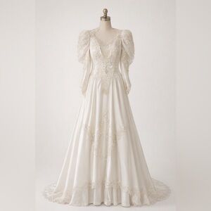 Vintage 80s 90s Beaded Lace Satin Wedding Dress Size 12